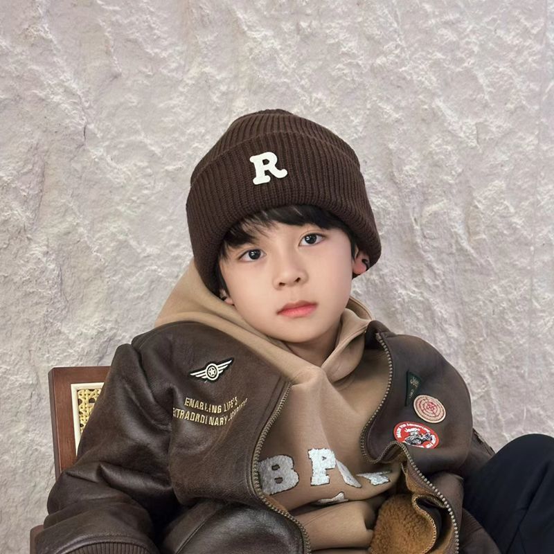 ins儿童帽子女童秋冬保暖针织帽韩版百搭R字母毛线帽男童针织帽潮