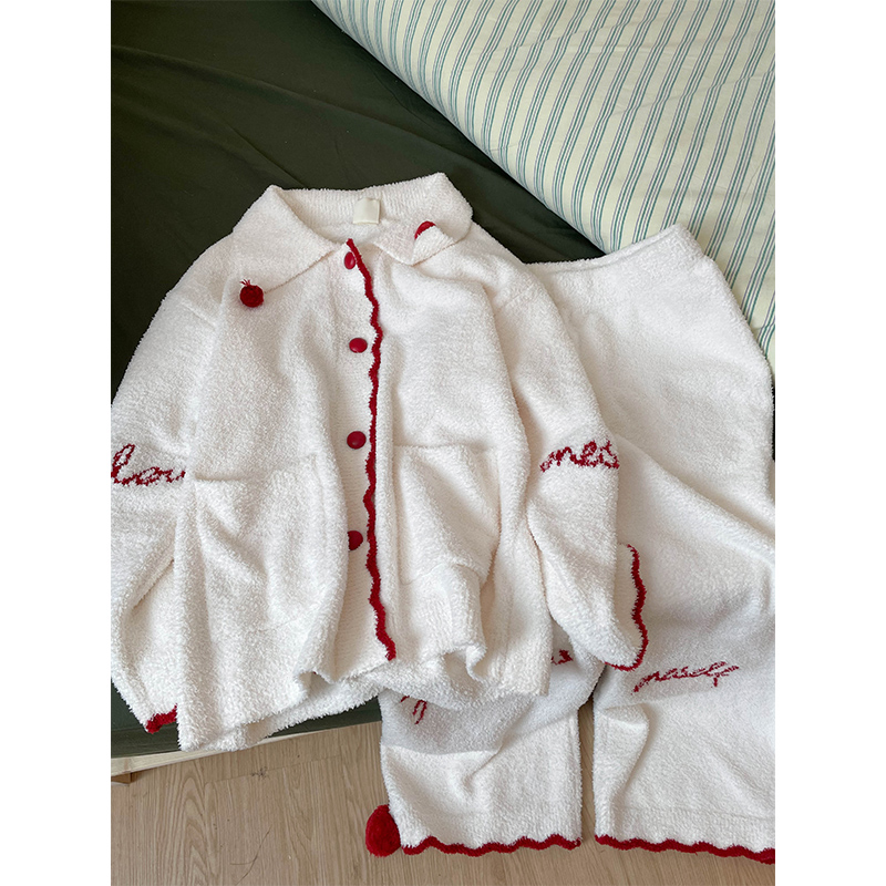 甜美半边绒睡衣女冬款2024年新款加绒加厚保暖针织家居服大码套装