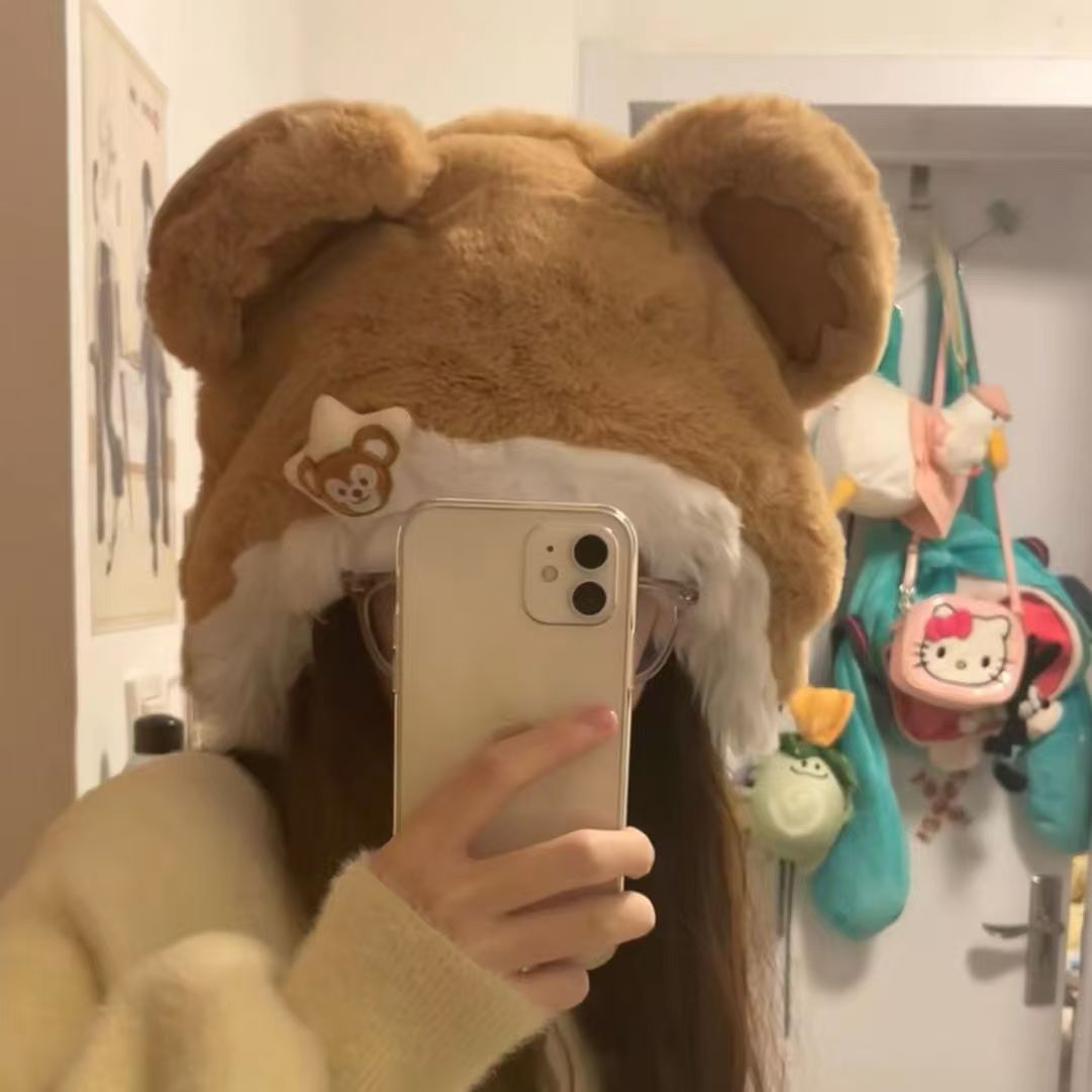 可爱雪莉玫达菲玛丽猫米妮毛绒护耳双球绒布可爱萌保暖帽子