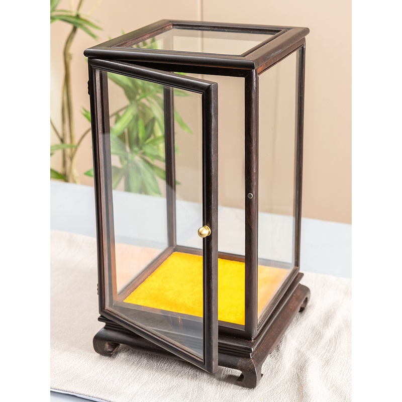 红木玻璃罩摆件文玩花瓶古董观音佛像透明开门防尘罩子展示盒定制