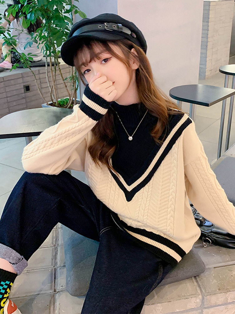 女童毛衣秋冬款加绒加厚大儿童针织打底衫2023新款女孩高领上衣