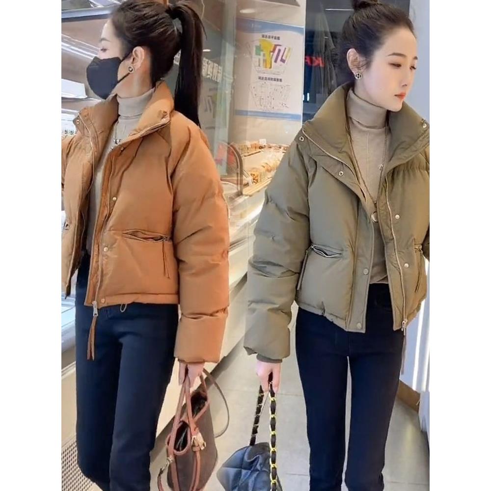 雅鹿2023年新款冬季女士羽绒服小个子短款白鸭绒纯色立领面包服外