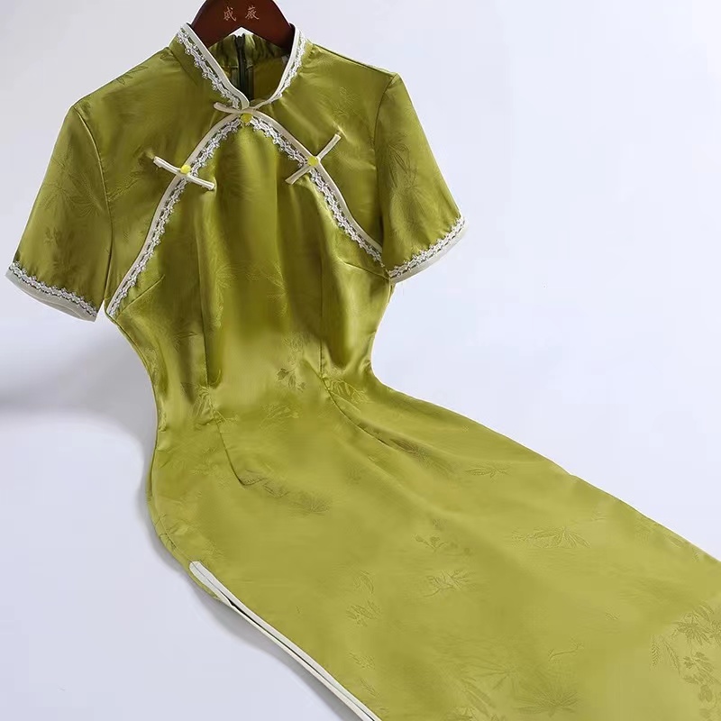 0880-绿色 美玲经 暗纹 提花 旗袍