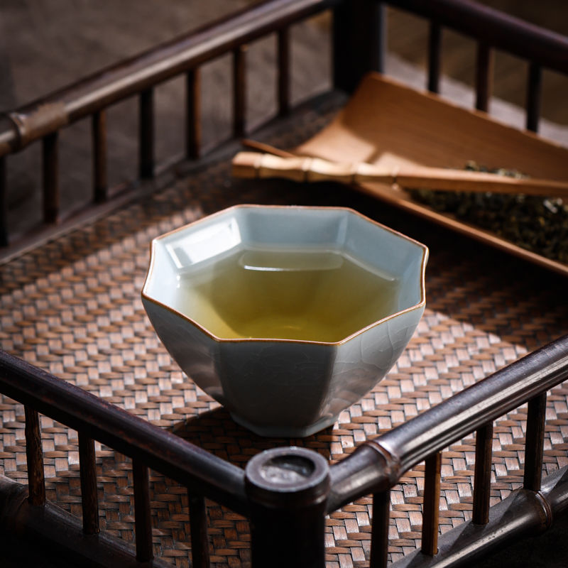 聚财八方杯八角开口杯汝窑主人杯个人来财陶瓷茶杯主人杯茶具