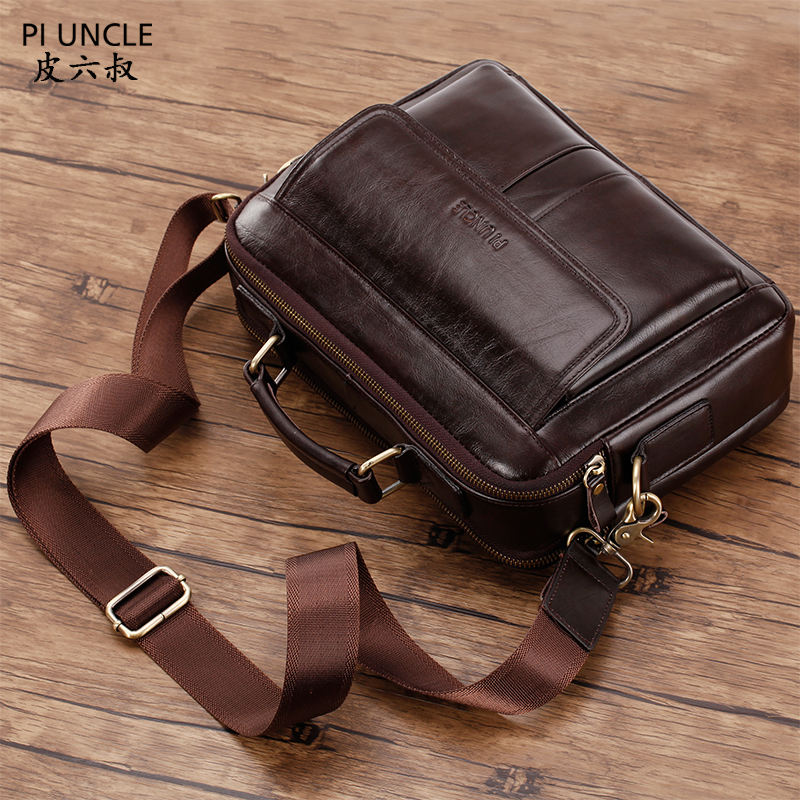 多隔层单肩斜挎包包男士真牛皮横款手提包旅行包大容量多功能新款