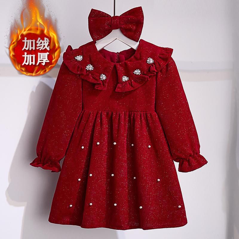 元旦表演女童红色连衣裙2023秋冬新款洋气女孩公主裙拜年服新年装