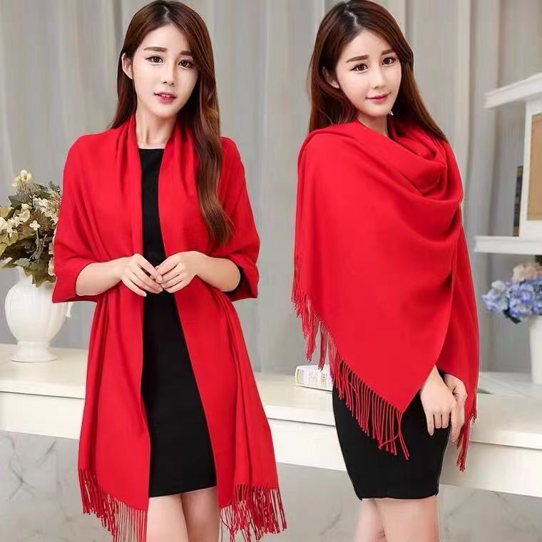 红色围巾百搭薄款秋冬季女长款保暖学生围脖韩版红色披肩成人
