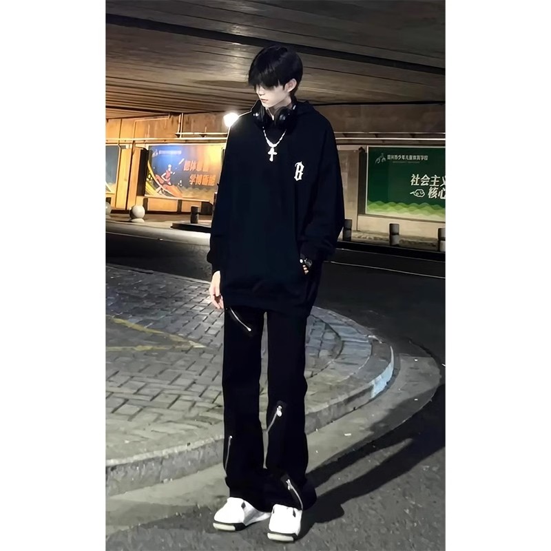 cleanfit黑色牛仔裤男款美式hiphop裤子设计感小众直筒拉链微喇裤