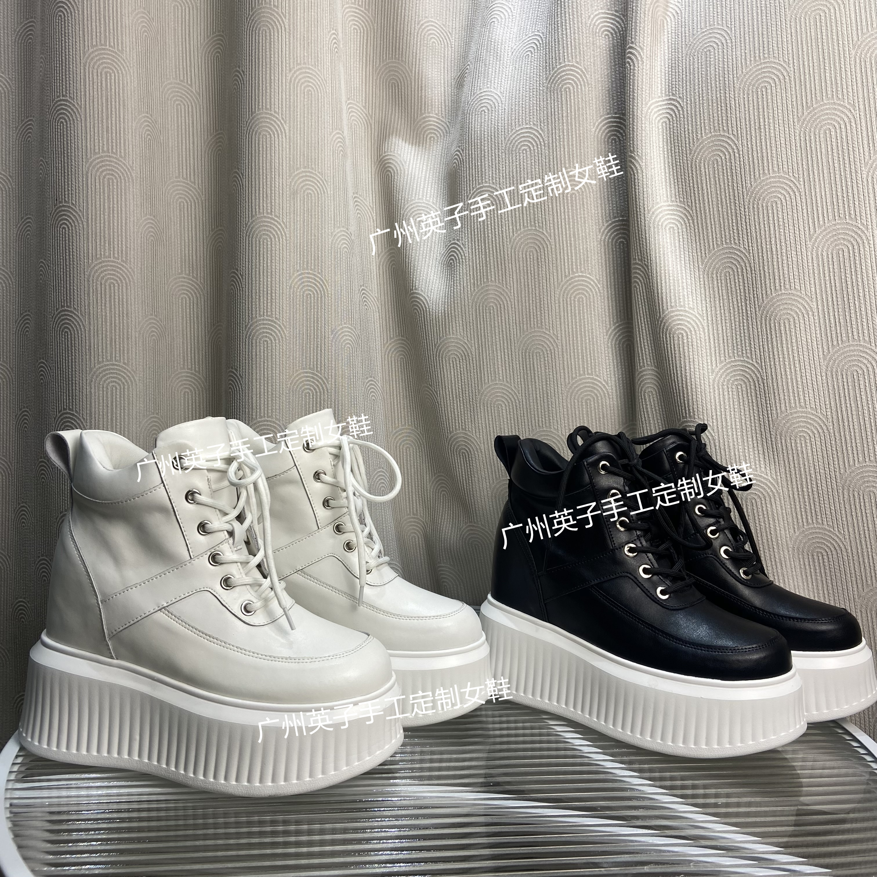 【英子推荐】增高13厘米超高跟小白鞋内增高坡跟圆头系带休闲单鞋