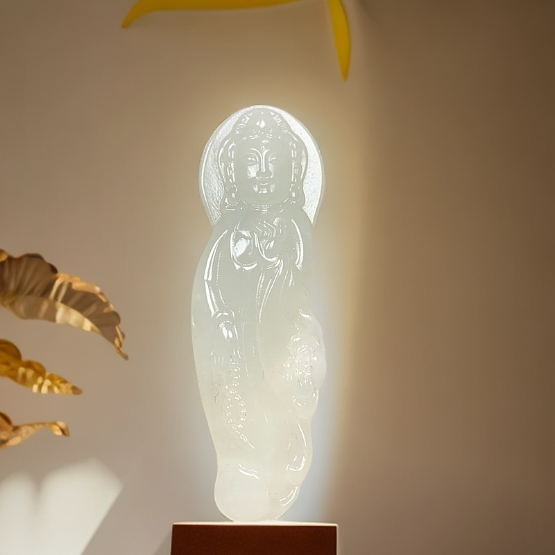 天然玉石独山玉观音吊坠，材质温润透亮，形象清晰A475 56×18×8.3mm