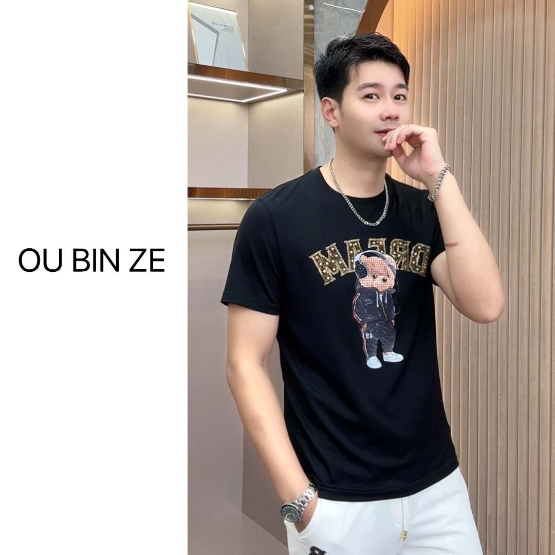欧彬泽【音乐熊】丝光烫钻设计夏季新款男士轻奢高端圆领短袖8280