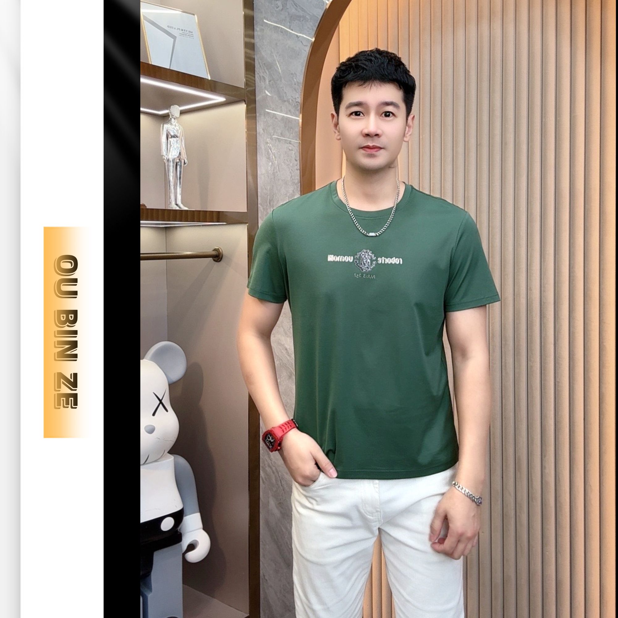 清 欧彬泽【相知】丝光烫钻设计新款夏季男装圆领短袖T恤R2357