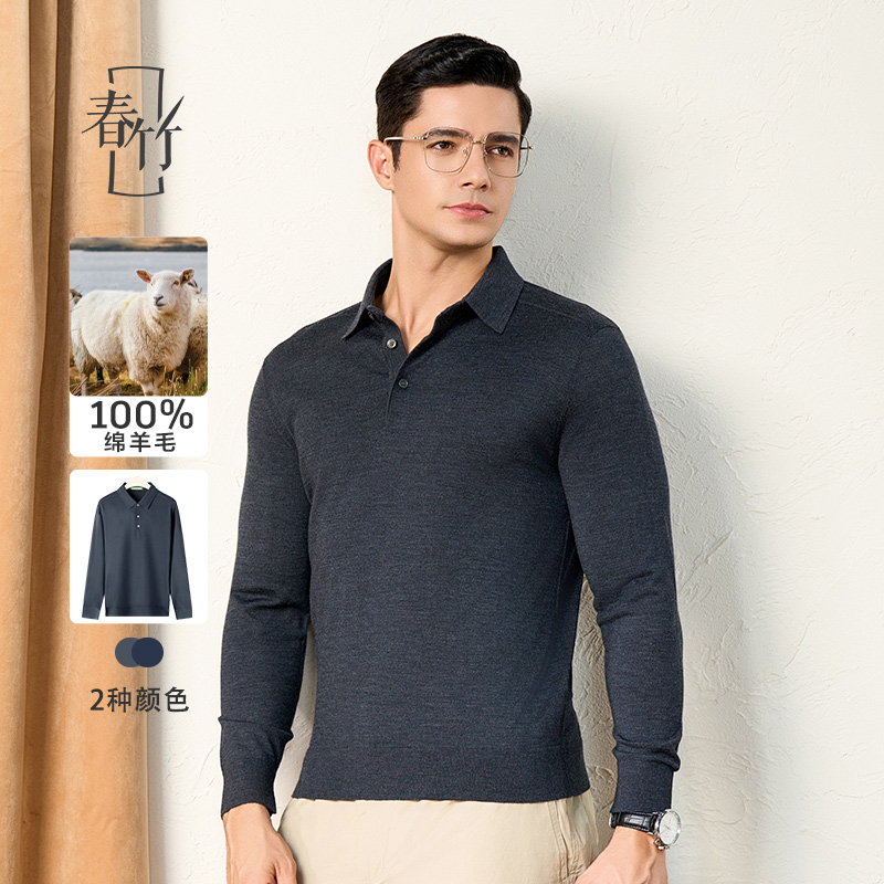 春竹/2024秋冬新款纯羊毛衫毛衣48支超细精纺可机洗T恤领羊毛衫男