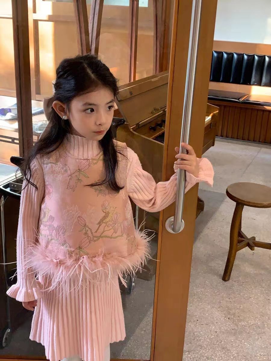巴拉拉吧2023新款拜年服女童套装儿童毛衣连衣裙宝宝新年装马甲加