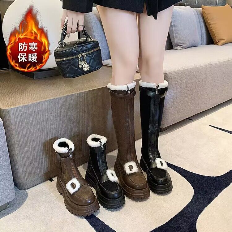 xf-厚底骑士靴2023冬季新款方扣加绒保暖毛毛靴拼接休闲时装女靴