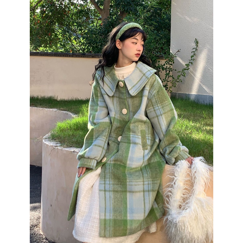 小香风外套复古格子翻领呢子绿色大衣女秋冬显瘦中长款毛呢外套