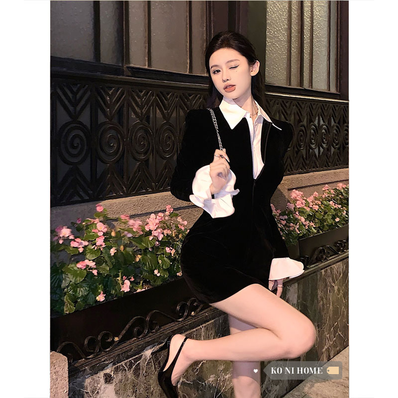 连衣裙女设计感假两件黑色丝绒短裙春季修身显瘦泡泡袖衬衫裙子