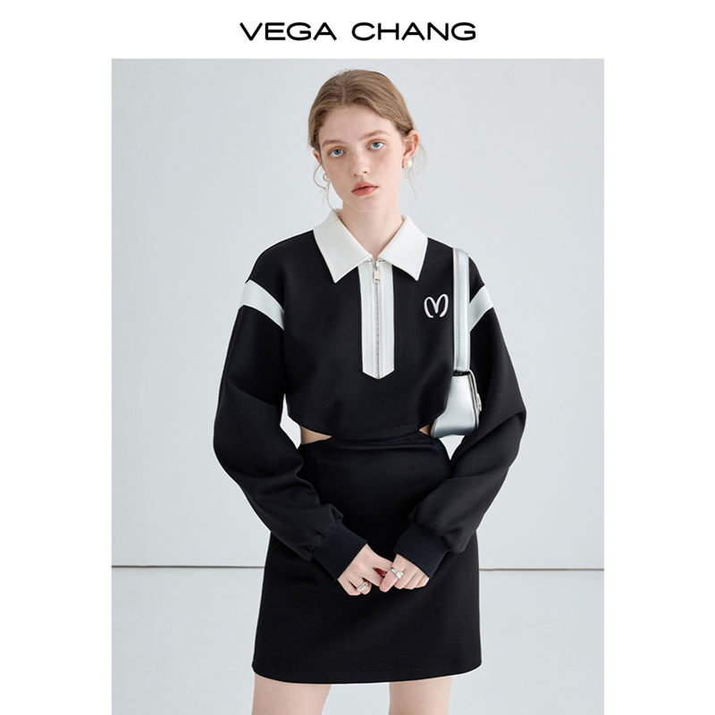 VEGA CHANG长袖短款女2024春季新款宽松显瘦垂坠感卫衣短裙