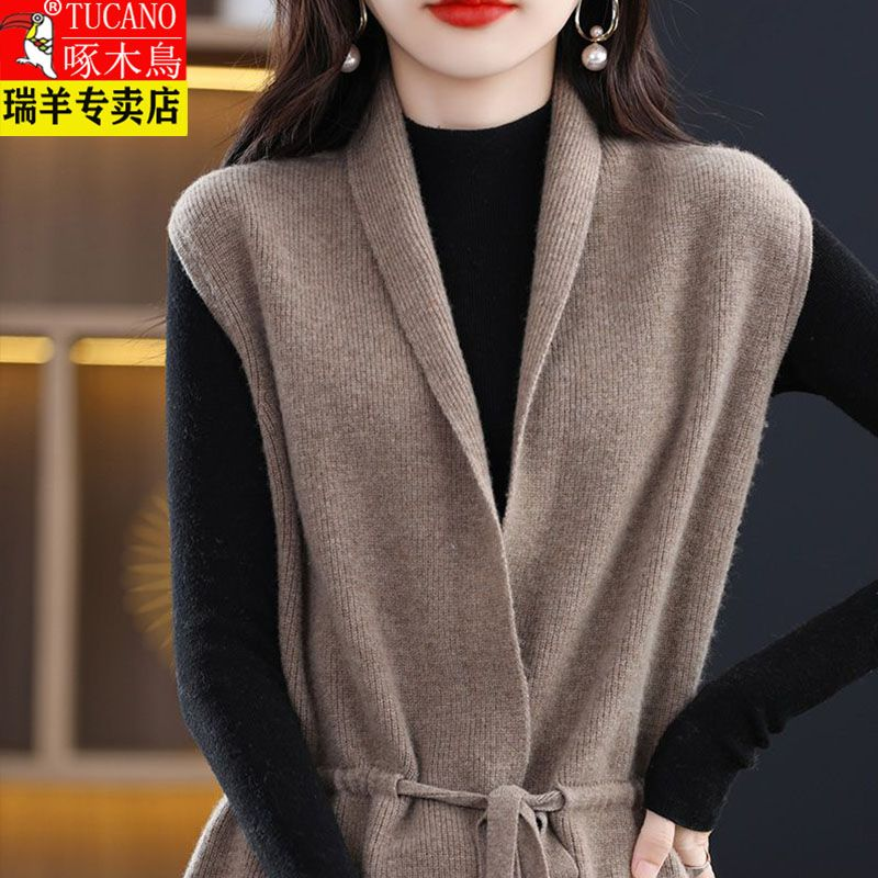 啄木鸟针织马甲羊毛衫抽绳外穿毛衣背心宽松外搭开衫坎肩上衣女士