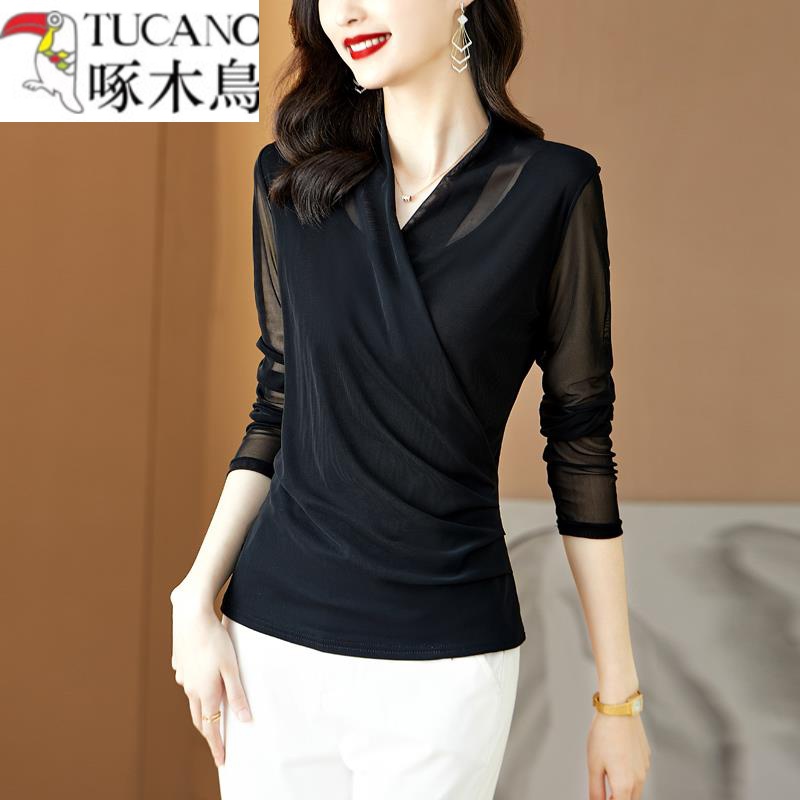 啄木鸟v领打底衫女士秋冬2023新款中年妈妈大码修身显瘦气质长袖T