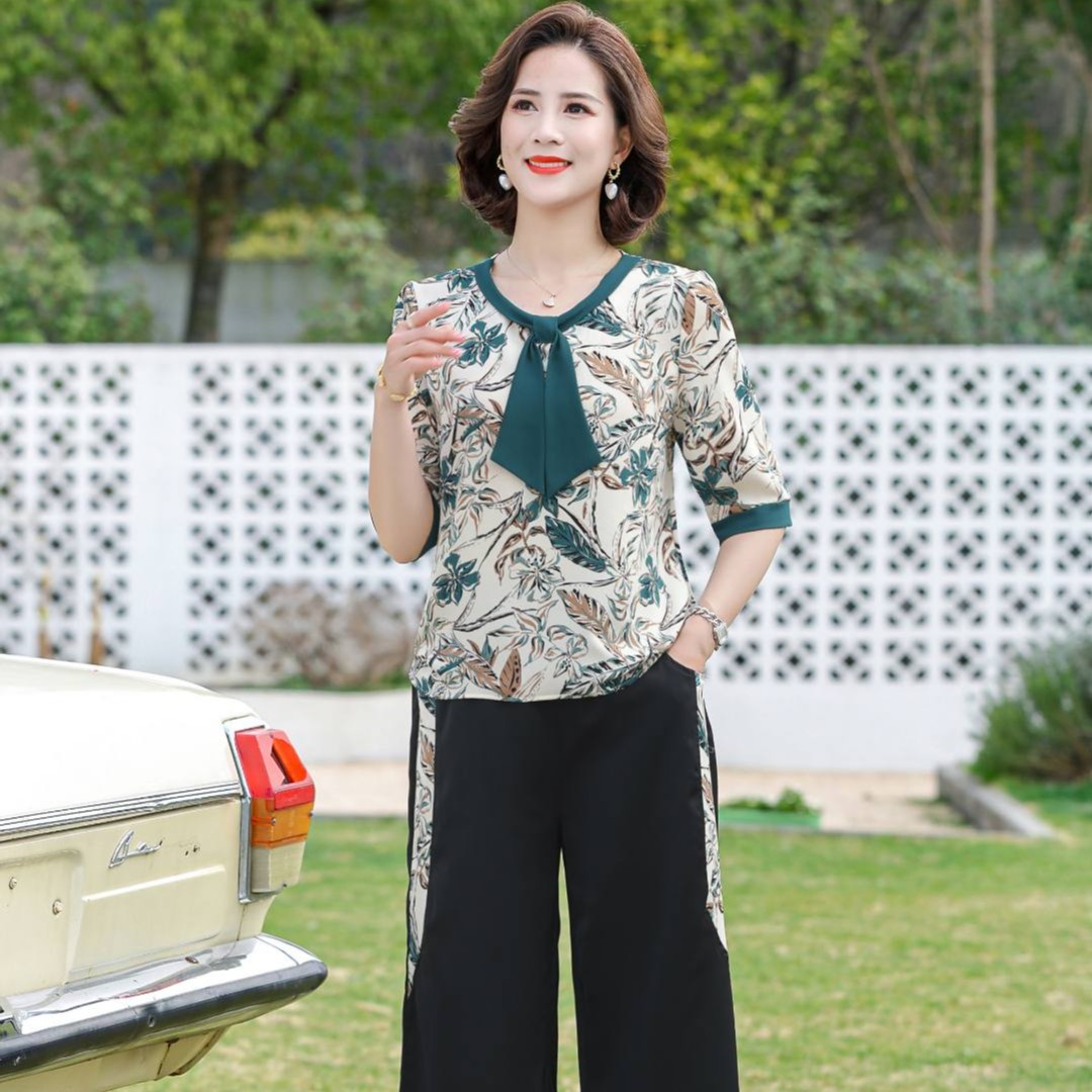 妈妈装T恤裤子套装女夏季新款洋气减龄百搭印花遮肉显瘦弹力