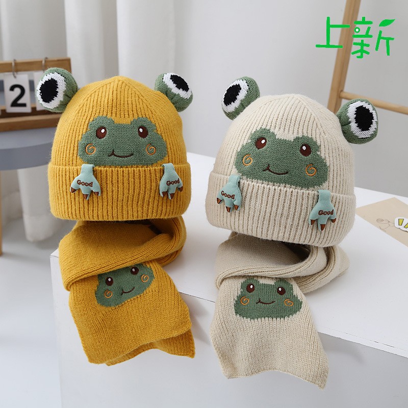 婴儿帽子秋冬加绒保暖毛线帽可爱小青蛙超萌宝宝护耳帽儿童针织帽