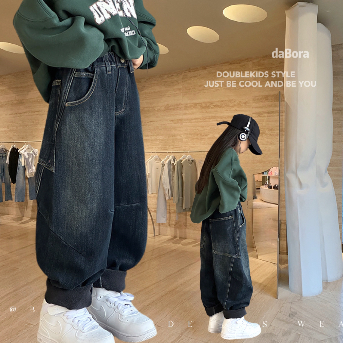 女童牛仔裤加绒加厚秋冬装2023新款男童裤子一体绒男孩宽松痞帅潮