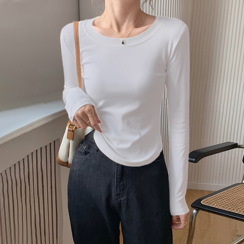 韩版纯色修身内搭圆领打底衫长袖t恤女秋季不规则弧形下摆上衣ins