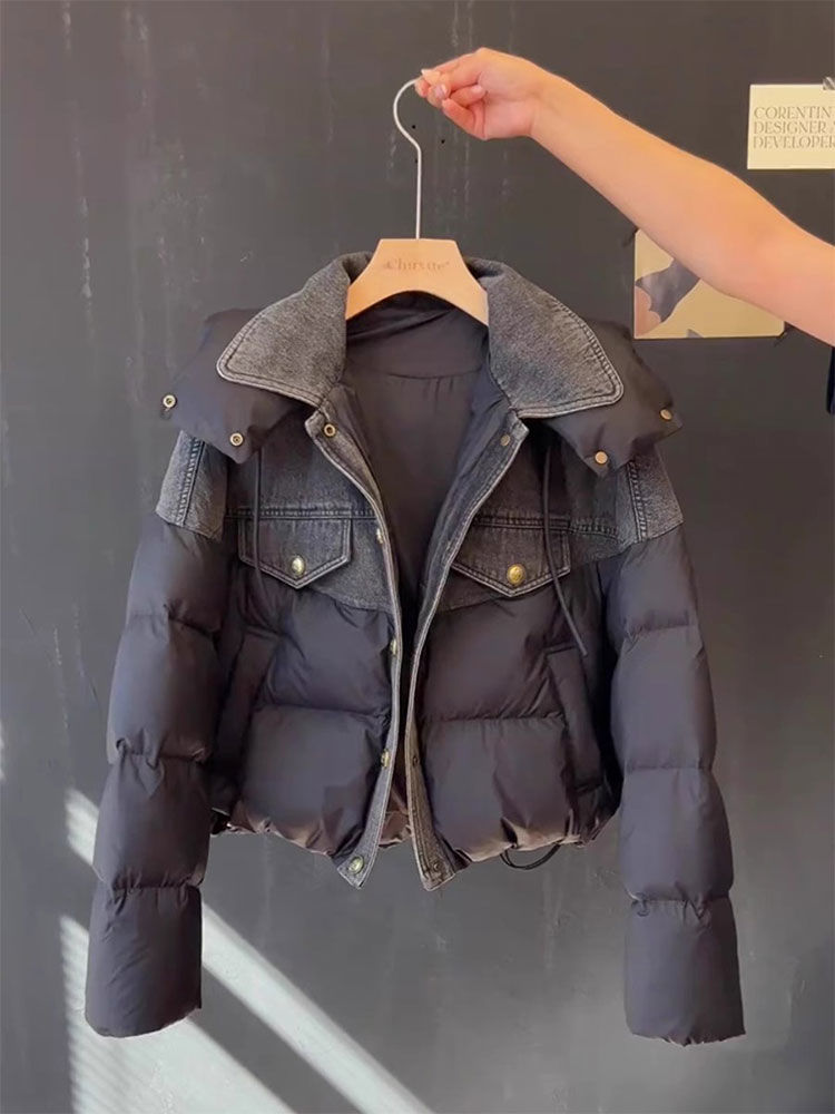 波司僜23新款羽绒服【羽绒服】今年流行爆款冬装高级感牛仔拼接短