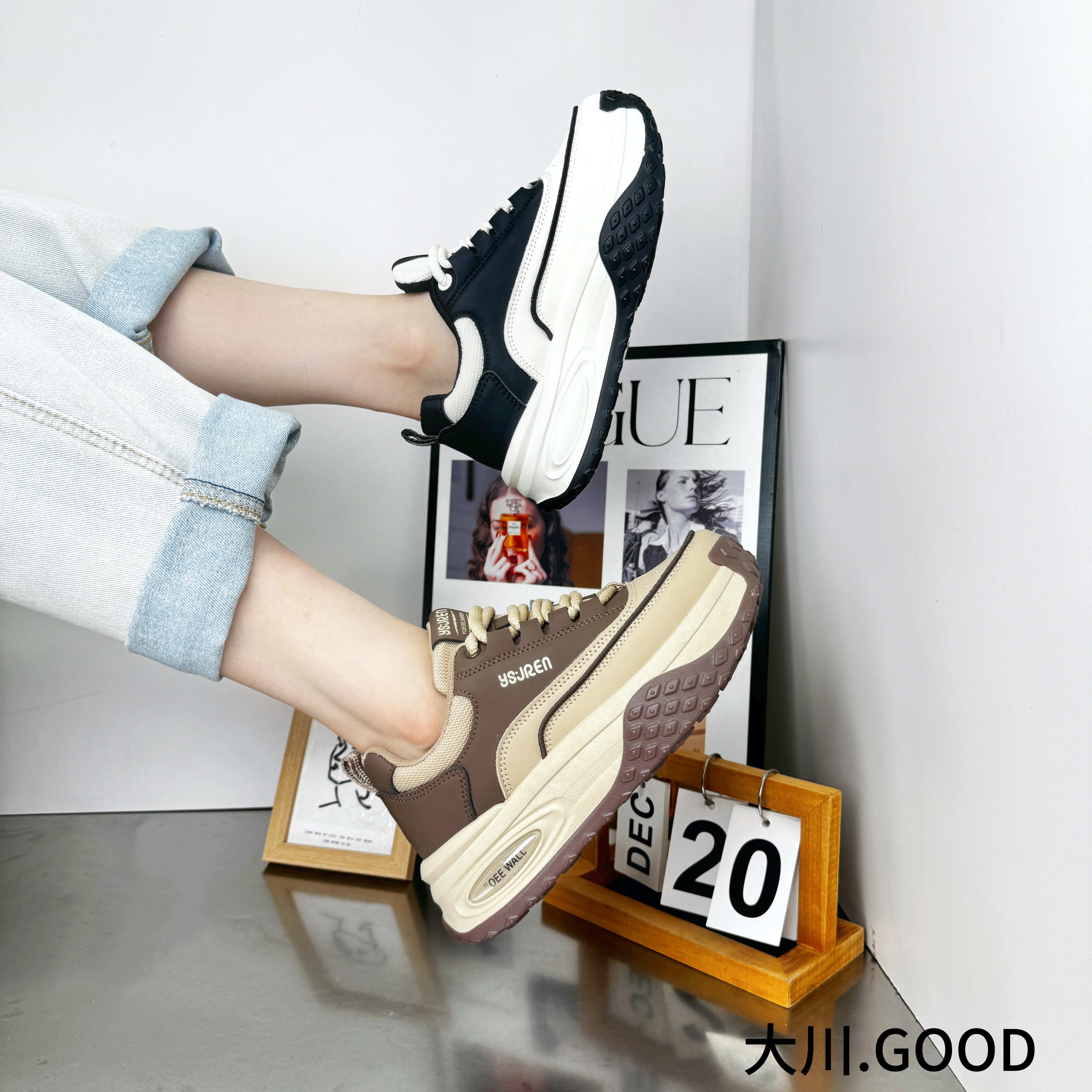 【小鲸鱼】休闲鞋女2024秋季新款真皮皮面百搭透气厚底老爹鞋8808