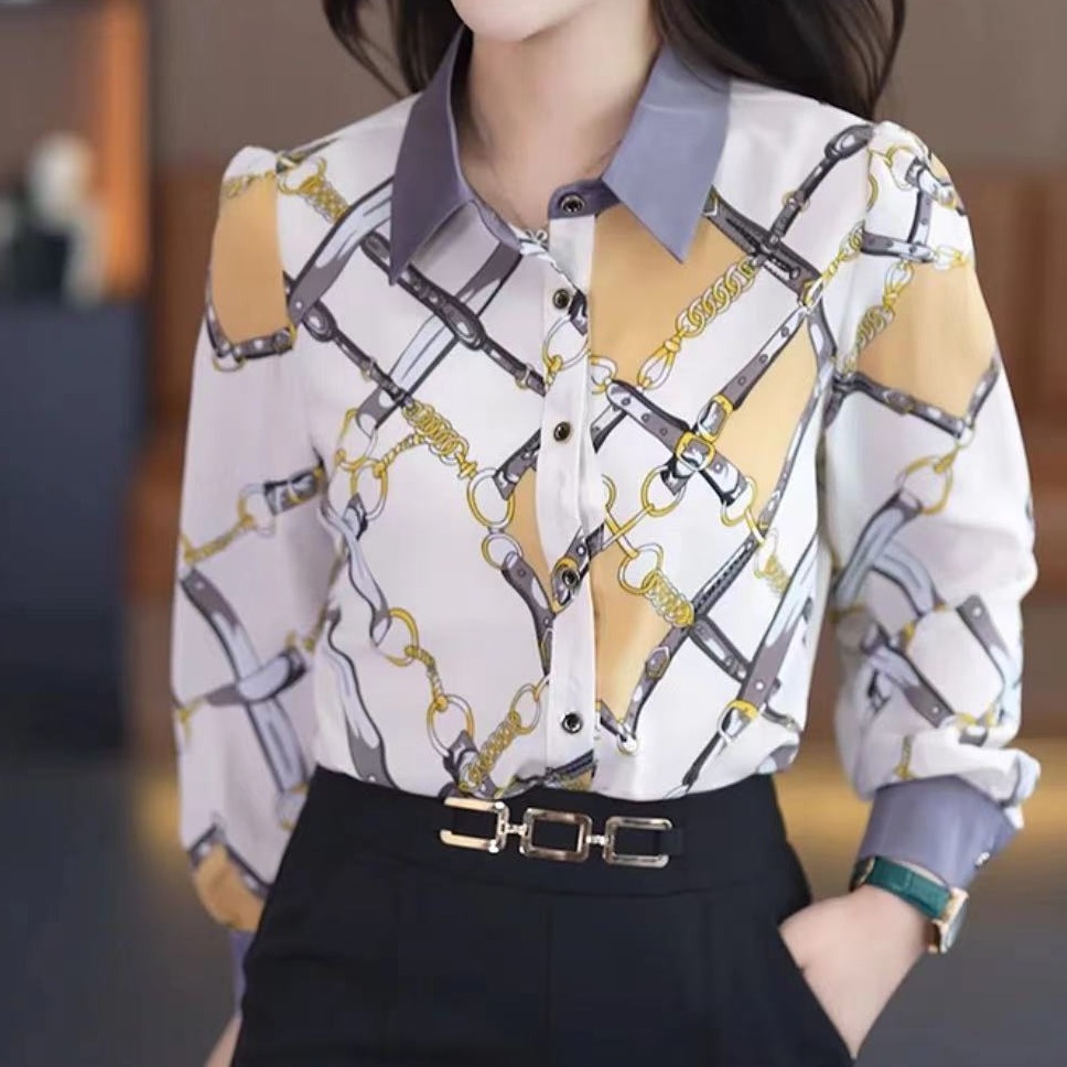 时尚百搭不规则拼接印花衬衫2023春秋设计感宽松遮肚上衣2352长59