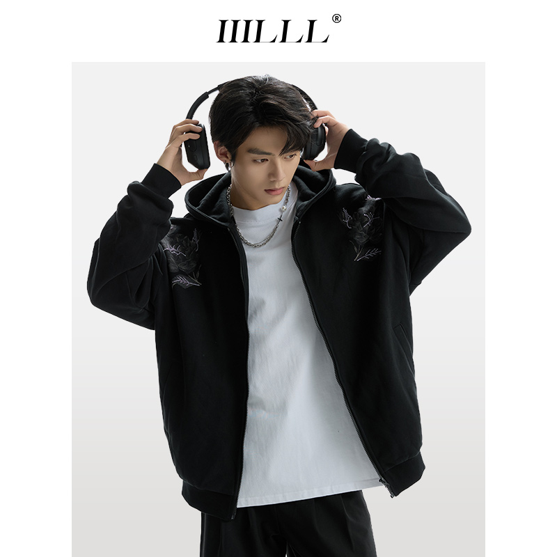 IIILLL童锦程连帽卫衣男秋冬季情侣开衫美式潮牌刺绣印花宽松外套