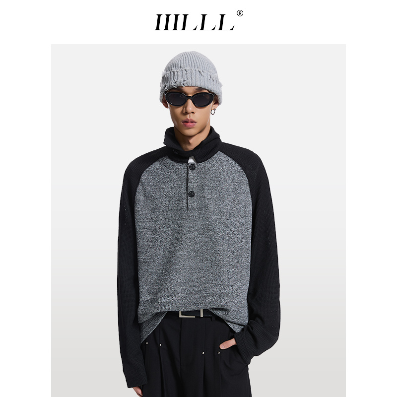 IIILLL童锦程POLO领撞色针织衫男秋青k春复古套头长袖t恤毛衣外套