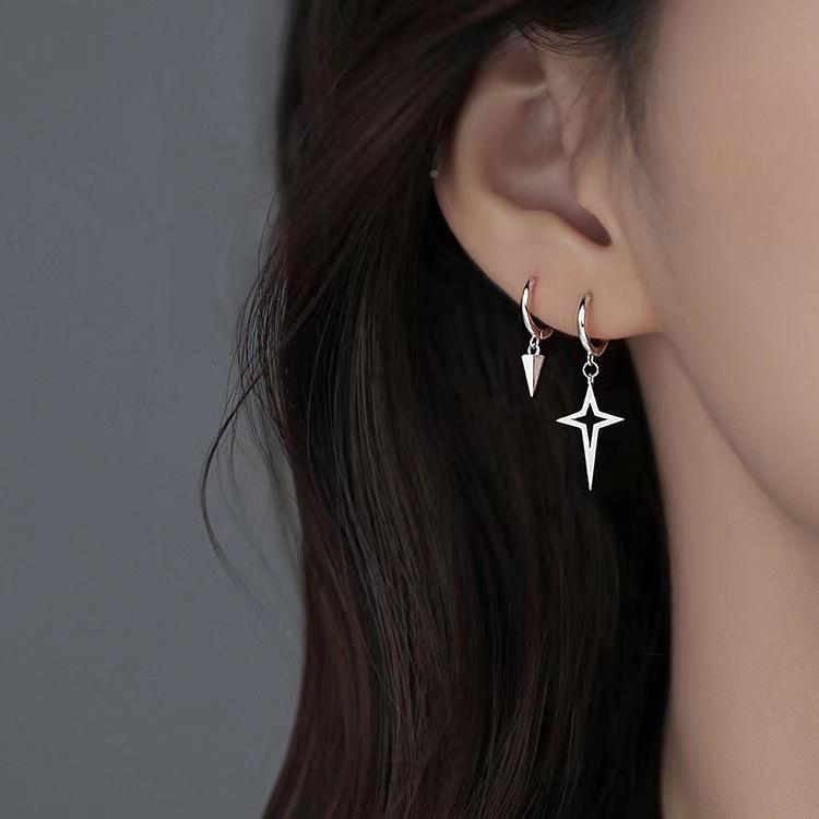S925十字架星星不对称耳环酷耳钉女小众耳坠轻奢耳扣冷