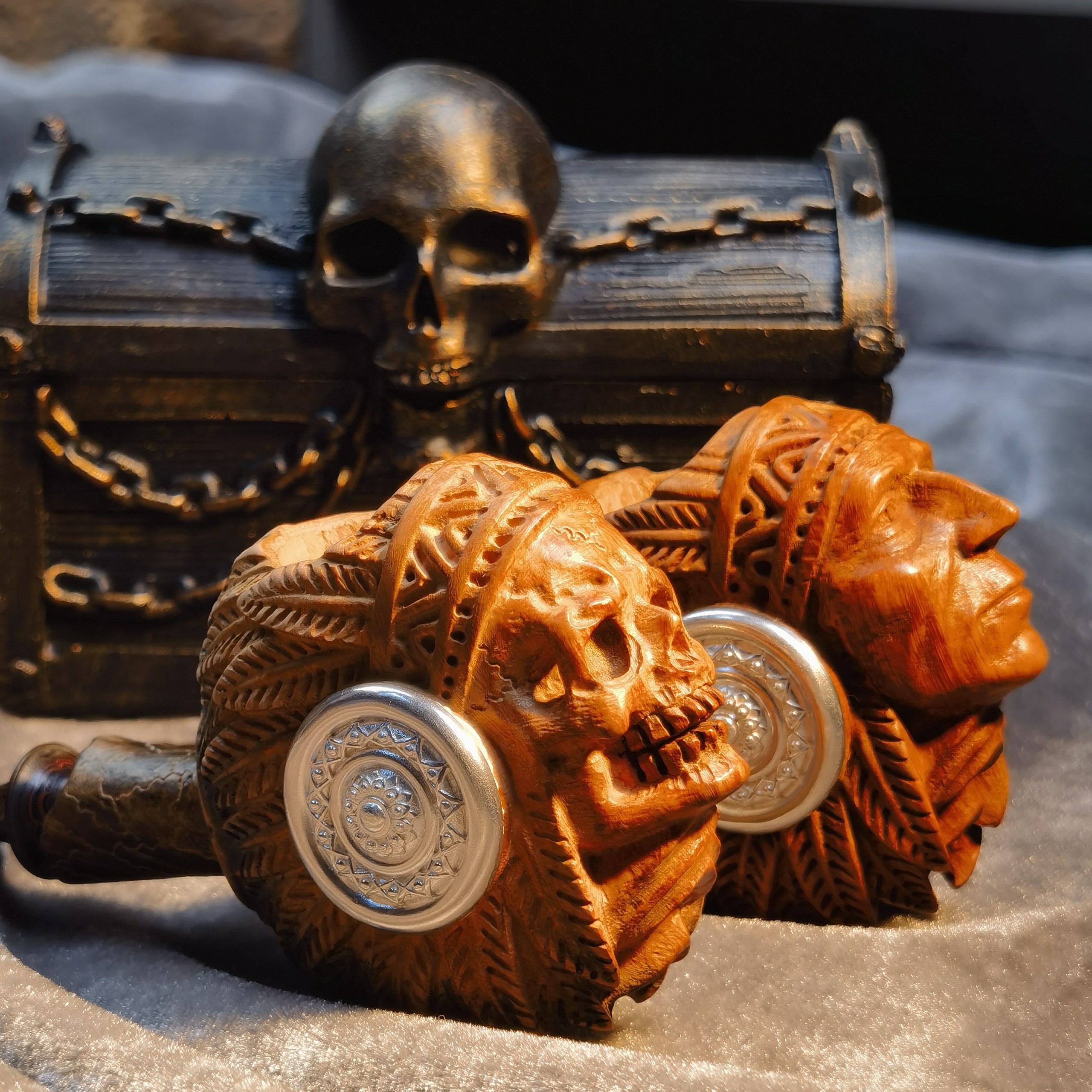 印第安酋长，印第安骷髅，坎博兰黑红咬嘴，双面镶嵌925银圈，18斗钵。