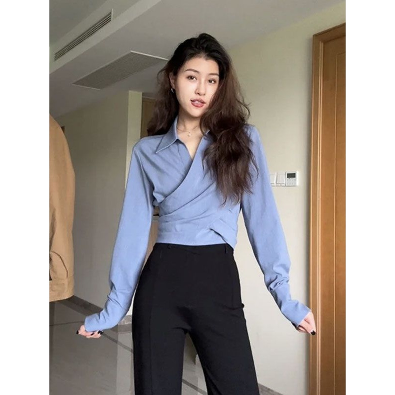 设计感小众气质收腰显瘦绑带衬衫上衣女2023新款长袖早秋衬衣短款