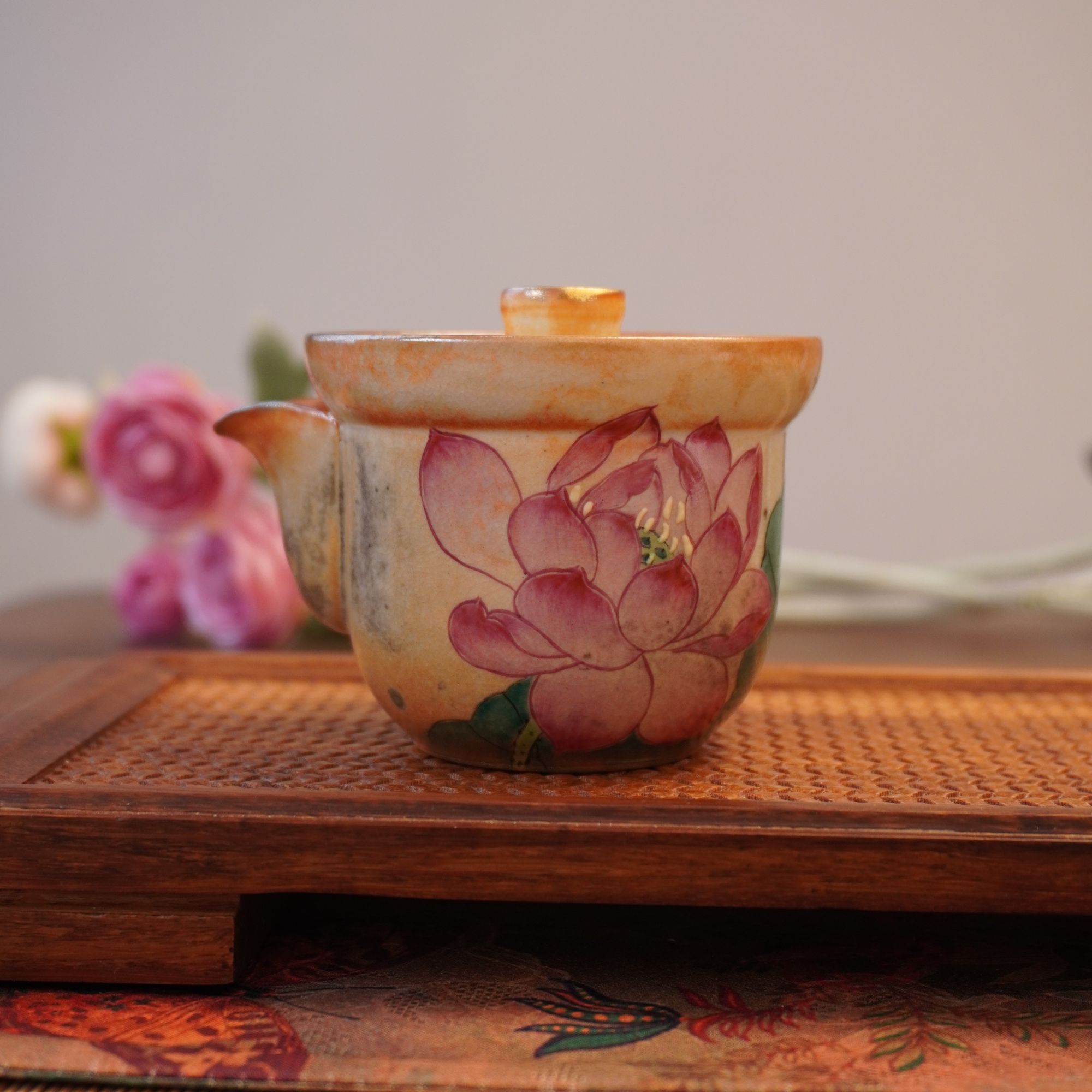 【长石志野·荷花·宝瓶】手绘手作柴烧复古家用陶瓷精美手抓壶