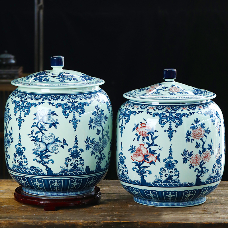 景德镇陶瓷米缸储物罐仿古青花家用带盖密封防虫防潮茶叶茶饼罐桶