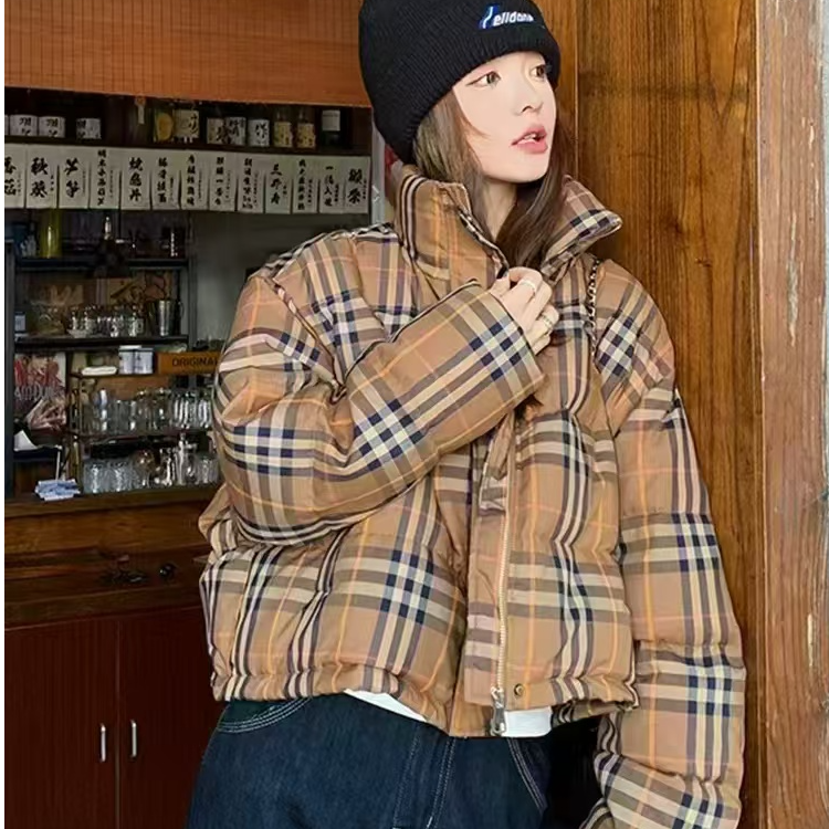 正品格子羽绒服女士冬季白鸭绒短款加厚面包格子布时尚外套上衣潮