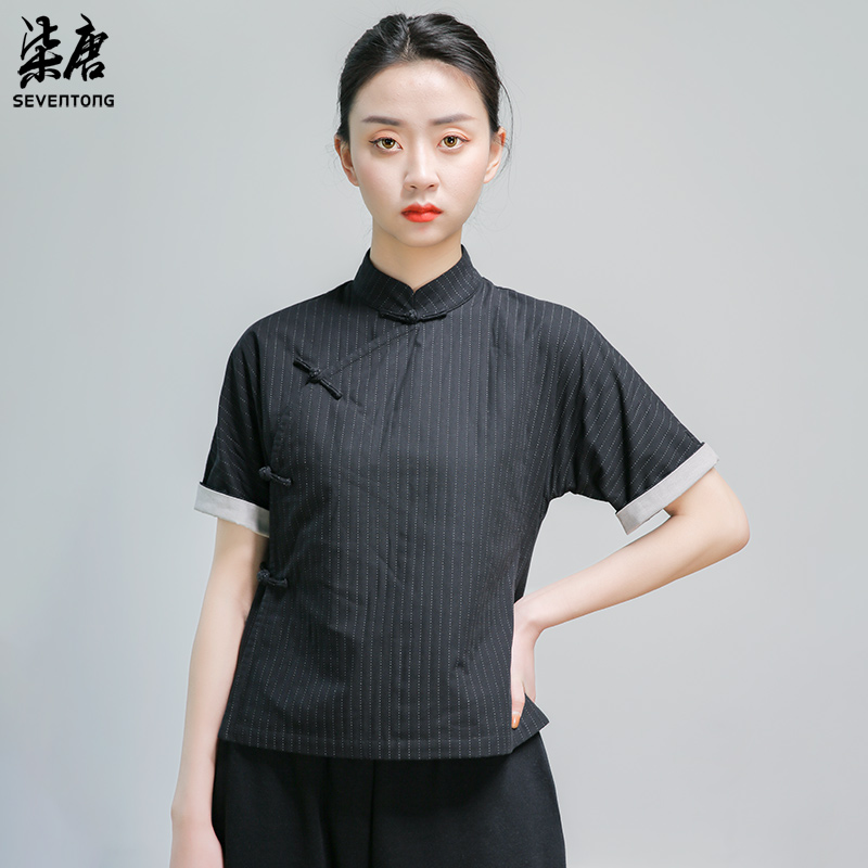 新款纯棉改良短旗袍连肩短袖上衣女复古民国风小个子百搭