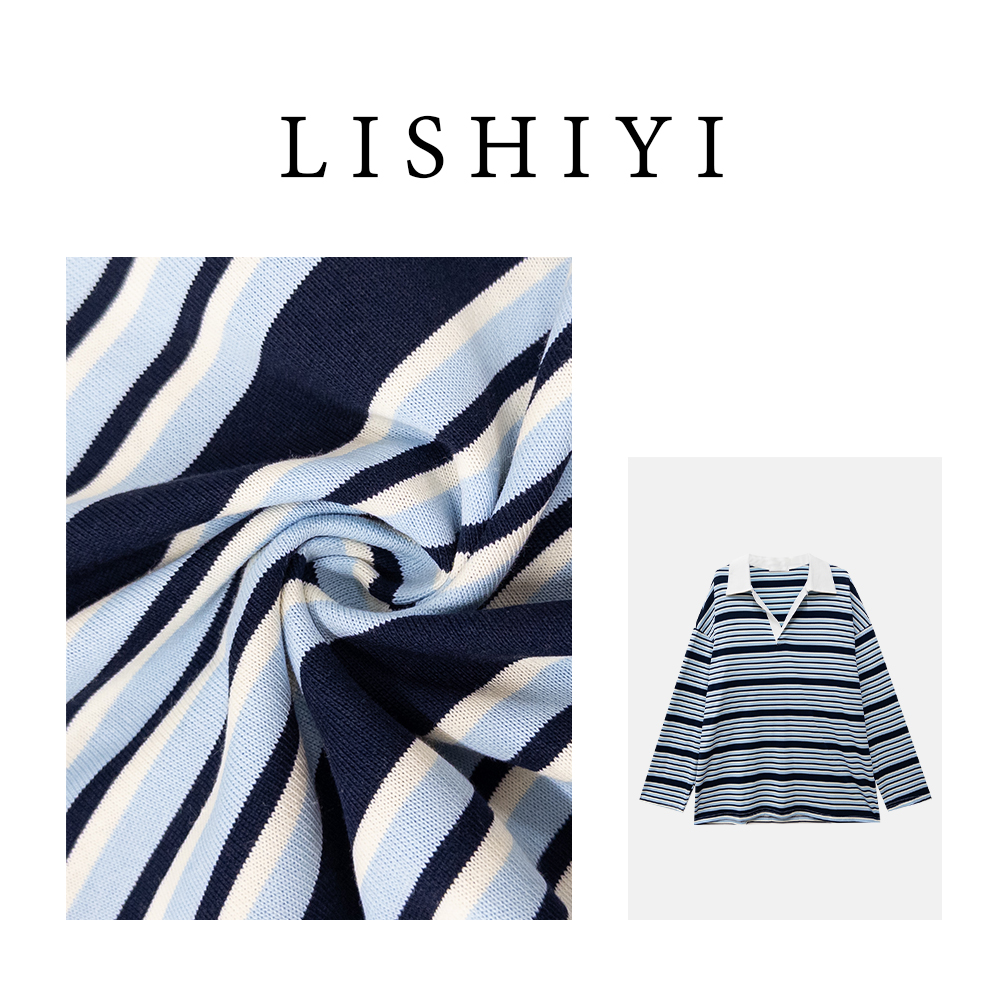 【雅典海岸】翻领拼色条纹长袖T恤宽松大版经典百搭上衣66215