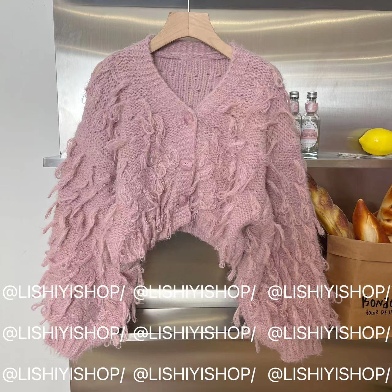 【流苏女孩】法式别致重工v领毛毛绒流苏毛衣82893