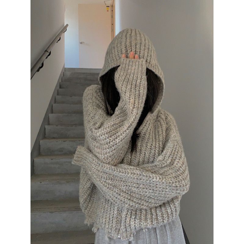 2023年秋冬季新款韩版宽松慵懒套头洋气带帽子针织衫外穿连帽毛衣