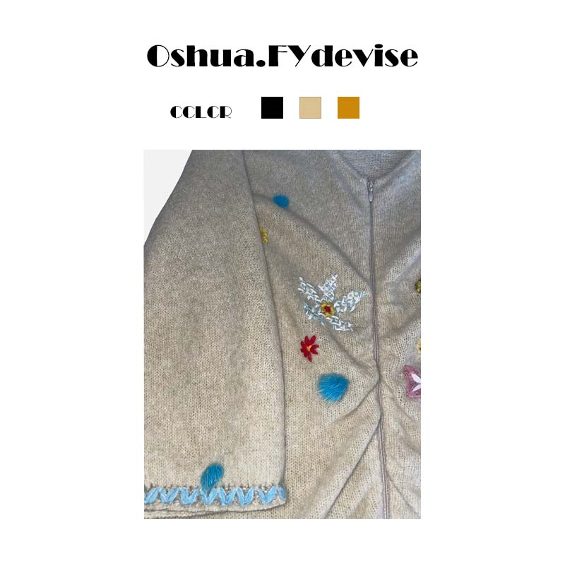 Oshua/欧诗嬅意大利设计师重工冬季长袖毛衣V领宽松套头时尚米色