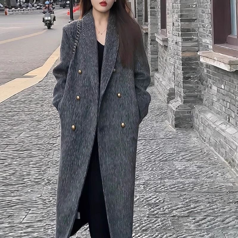 烟灰色呢大衣呢子外套中长款高级感女装双排扣韩版气质时尚赫本风