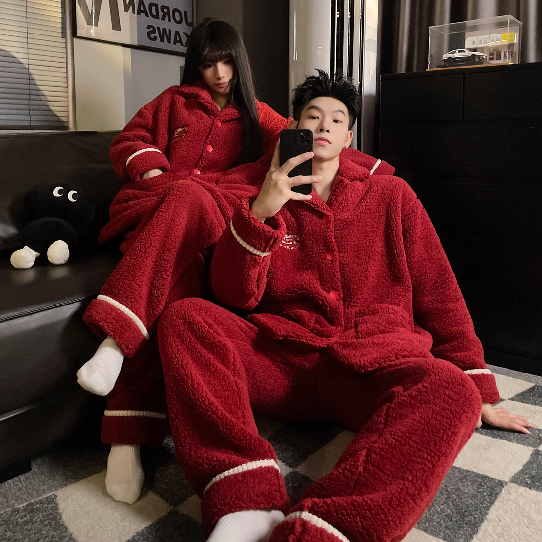 简约百搭情侣睡衣女珊瑚绒冬季睡衣男士加绒加厚保暖法兰绒家居服