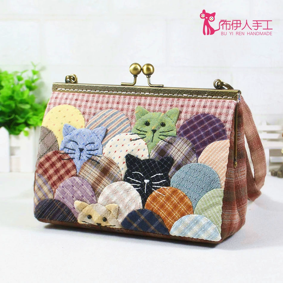 免裁剪先染布艺拼布DIY材料包 手工自制礼物 猫咪口金包斜挎包包