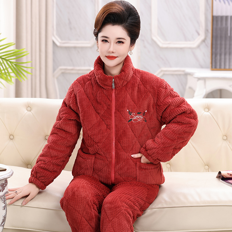 睡衣女冬季加厚加绒珊瑚绒夹棉中老年人妈妈拉链款保暖家居服套装