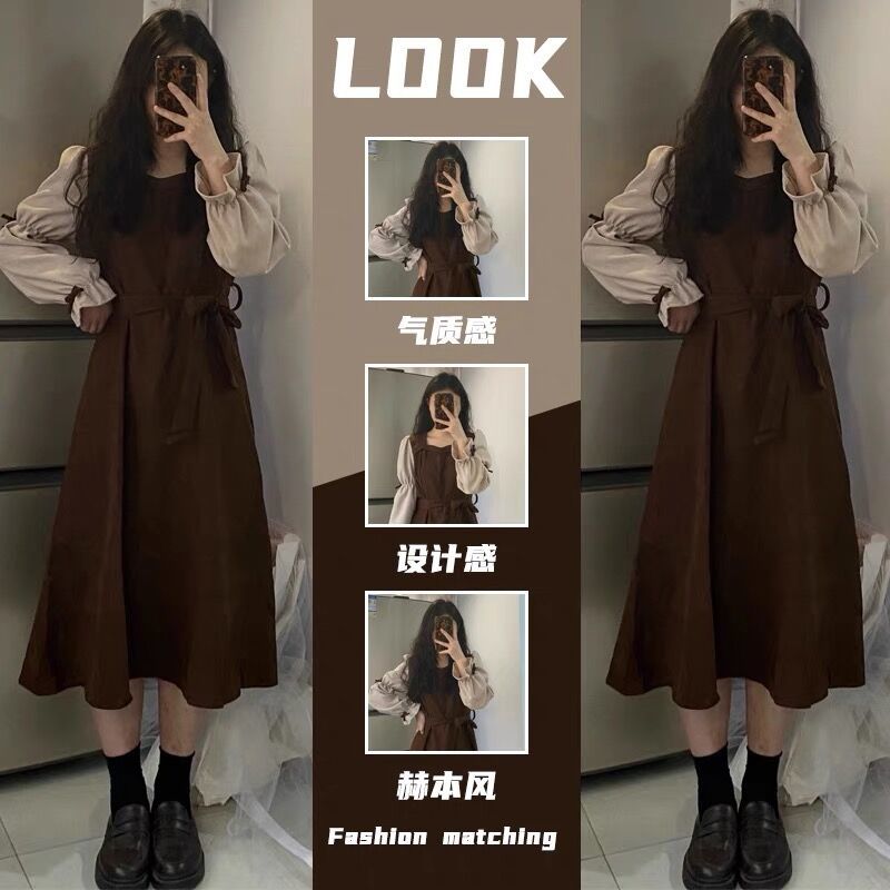 大码女装长袖连衣裙秋冬2023新款绑带收腰气质长裙子显瘦遮肉微胖
