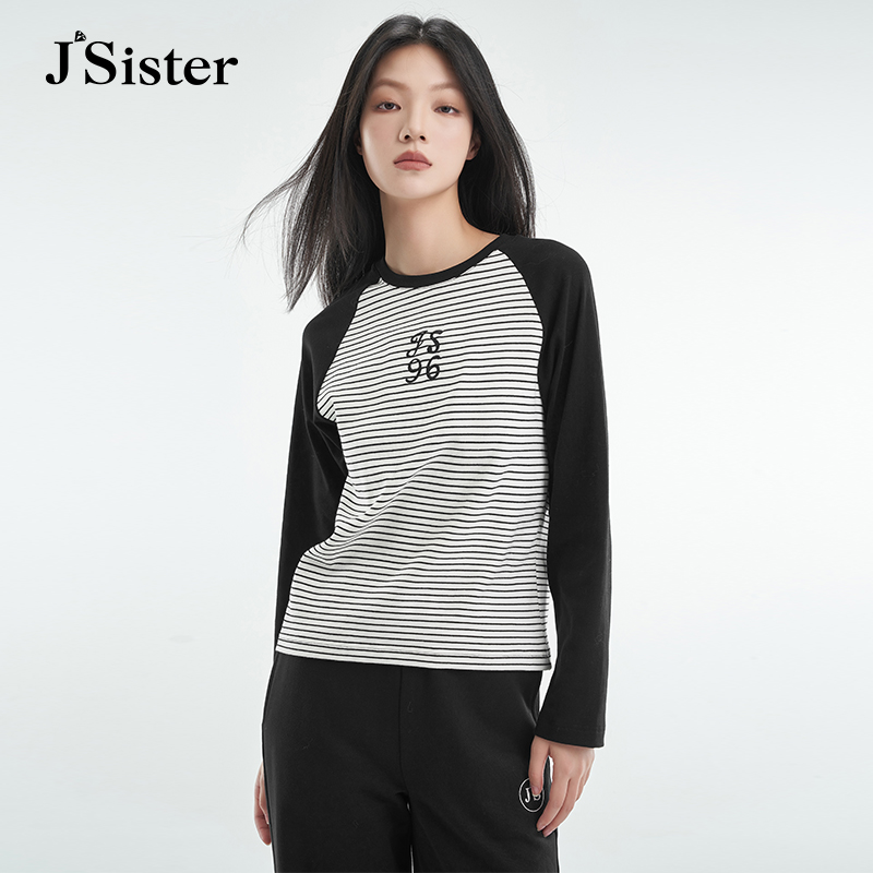 jsister秋季新款T恤 JS女装时尚条纹设计感长袖打底衫